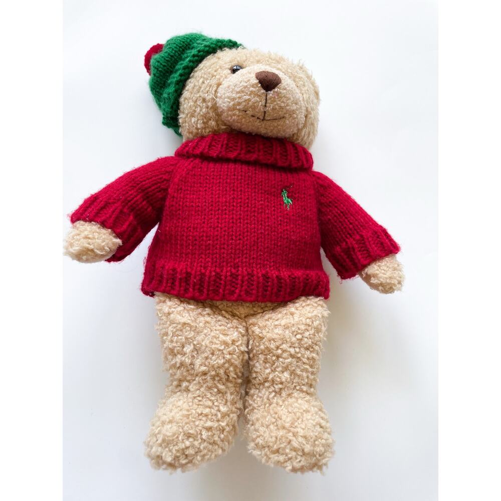 2006 NY Ralph Lauren Holiday Bear Red Sweater Polo Logo Horse Green Stocking Cap
